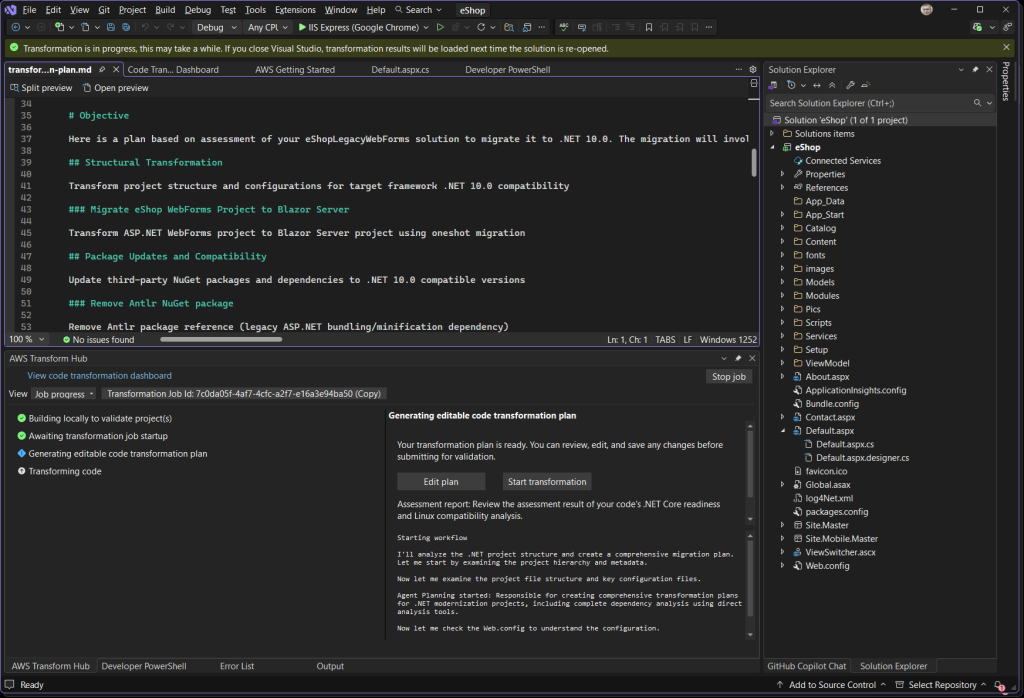 Screenshot of Visual Studio with transformation plan open in code editor.