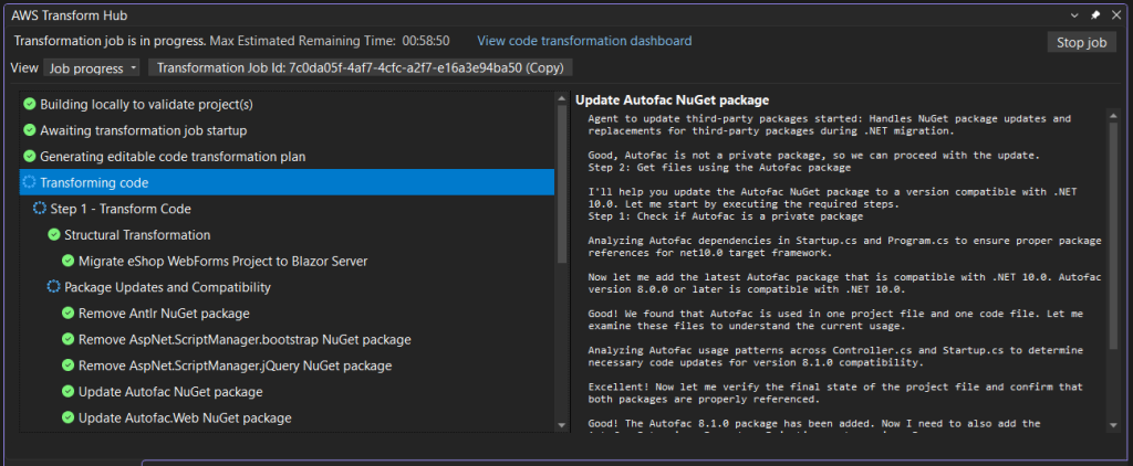 Screenshot of AWS Transform Hub in Visual Studio showing package update progress details.