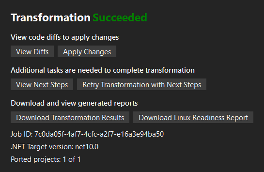 Screeenshot of transformation complete panel with transformation status and action buttons