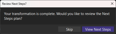Screenshot of Review Next Steps prompt in Visual Studio.