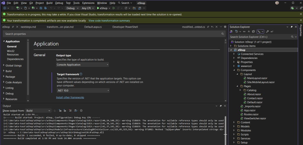 Screenshot of Visual Studio showing transformed .NET 10 solution.