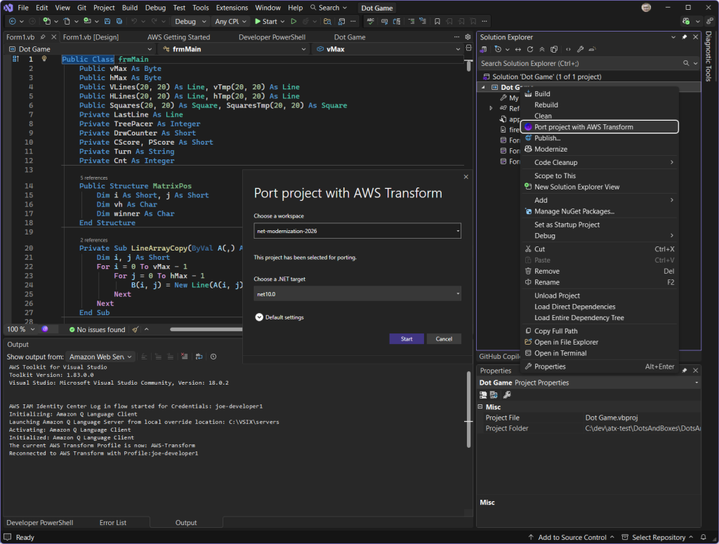 Screenshot of Port project with AWS Transform dialog showing workspace and .NET target version selection.