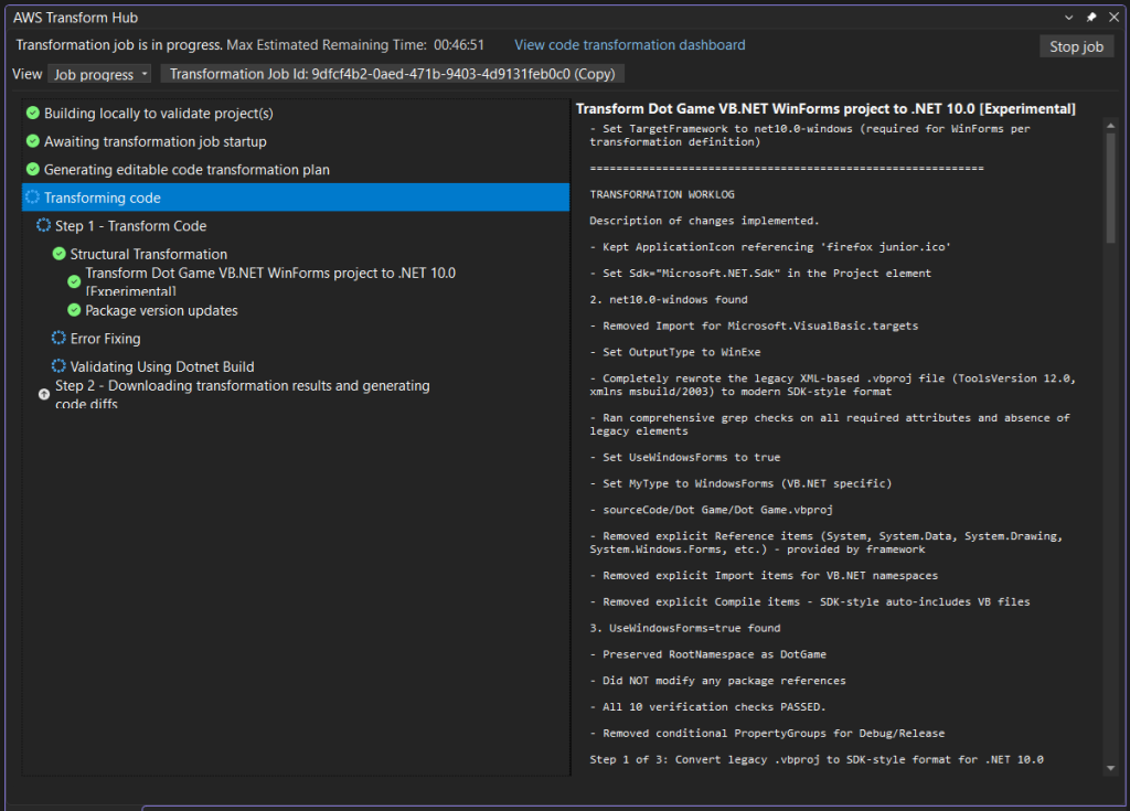 Screenshot of AWS Transform Hub showing transformation progress