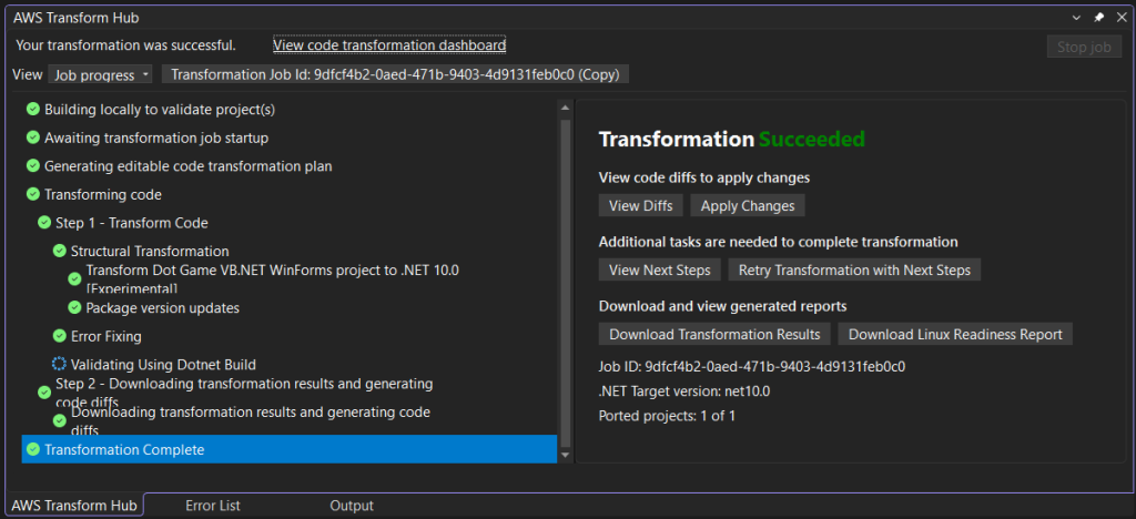 Screenshot of AWS Transform Hub showing transformation complete
