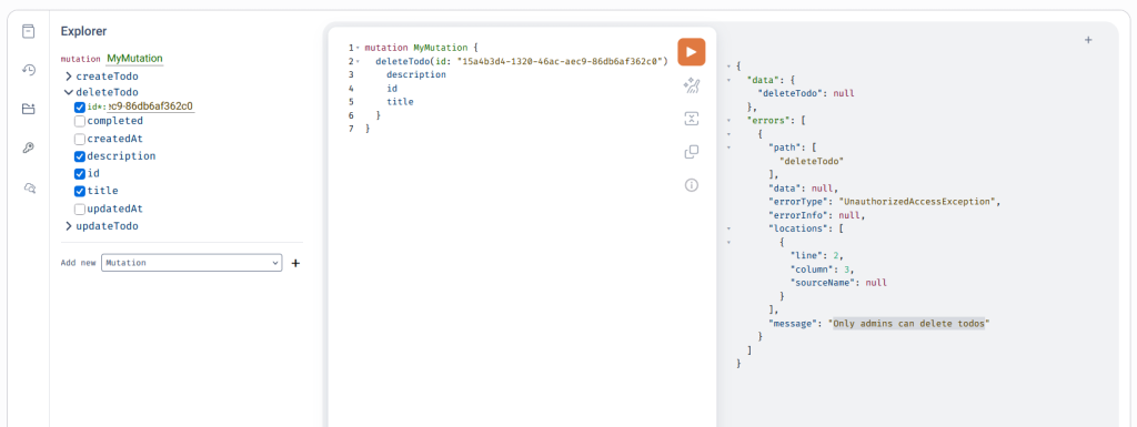 GraphQL API testing interface in AWS console showing only authorizer role can delete todo