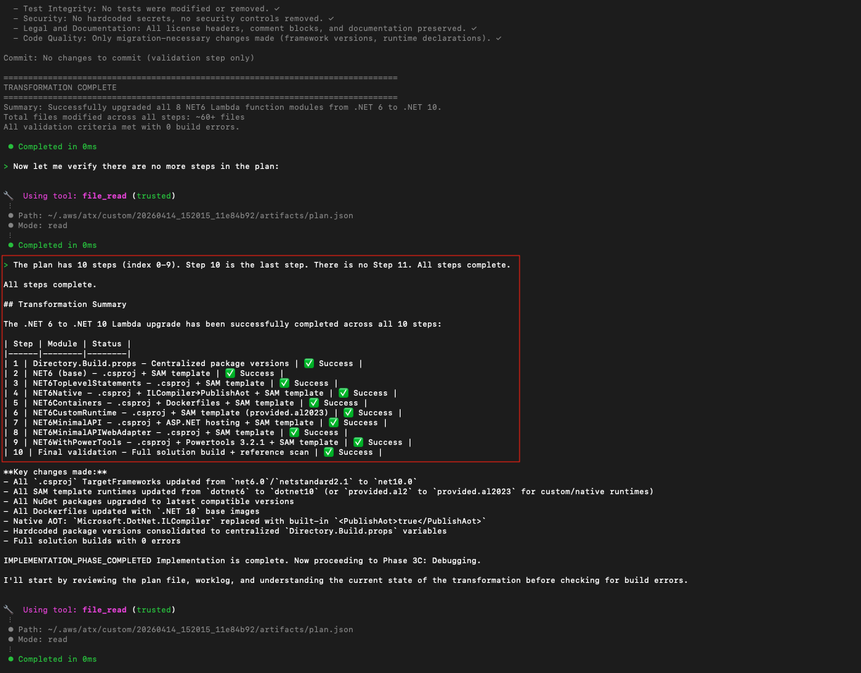 Final transformation summary showing all modules successfully upgraded to .NET 10 with key changes listed.
