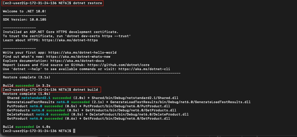 Terminal output showing successful dotnet restore and dotnet build commands for the .NET 6 Lambda solution.