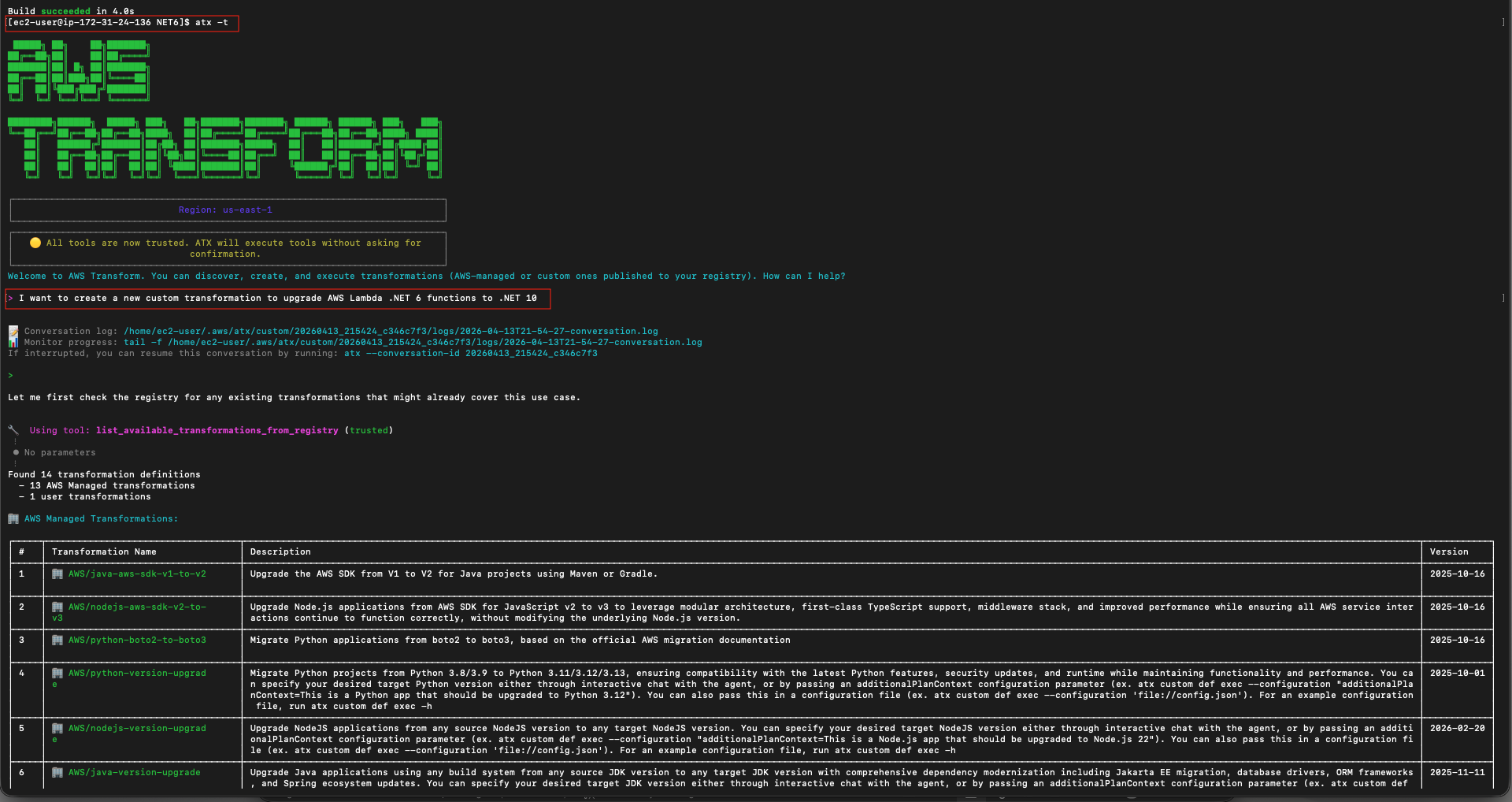 AWS Transform CLI interactive session launching atx -t command and querying the registry for available transformations.