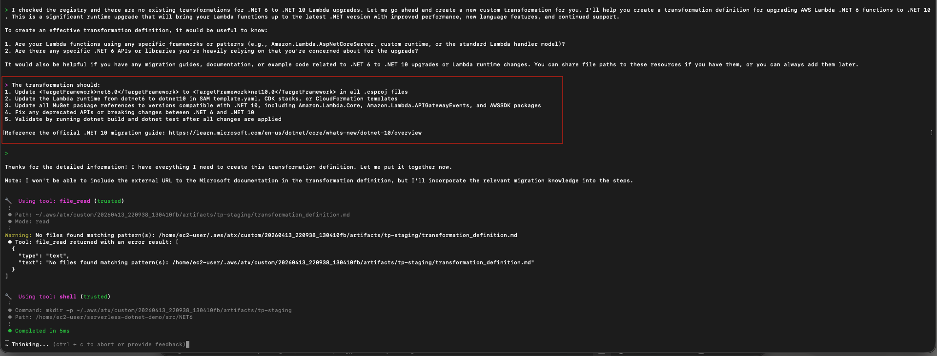 Interactive session providing detailed transformation objective for upgrading .NET 6 Lambda functions to .NET 10.