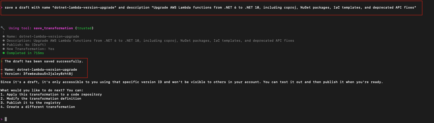 Terminal showing save command for draft transformation definition with returned version ID confirmation.