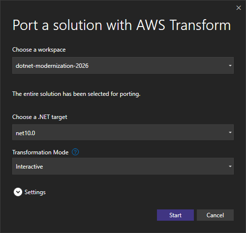 Port solution with AWS Transform dialog in Visual Studio showing workspace, .NET target, and transformation mode.
