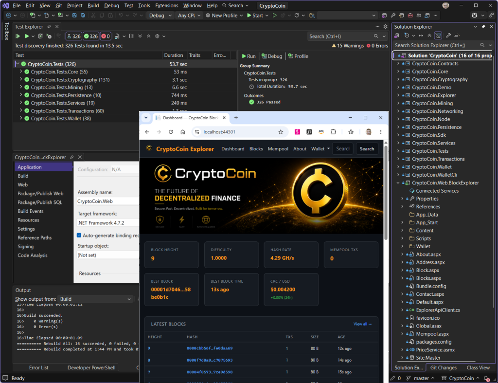 CryptoCoin solution open in Visual Studio with solution structure, .NET Framework version, unit tests, and running web client.