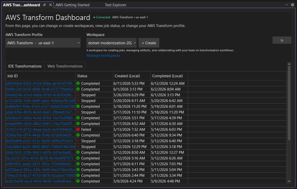 AWS Transform Dashboard in Visual Studio showing profile, workspace, and a jobs list.