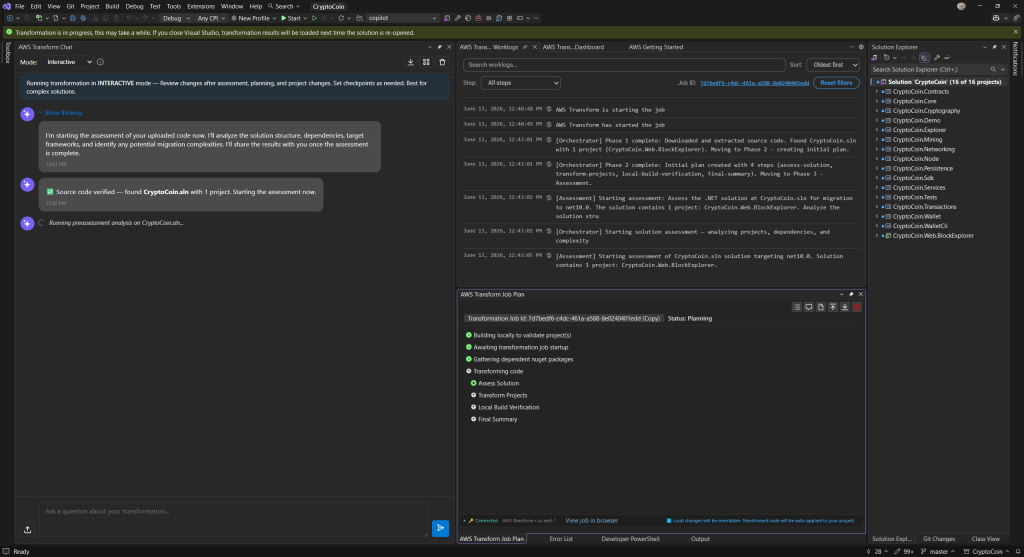 AWS Transform Chat, Worklog, and Job Plan windows