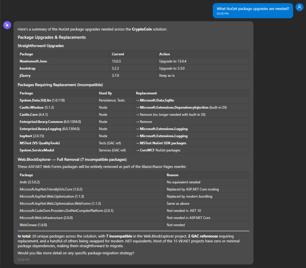 Chat conversation discussing NuGet package upgrades.