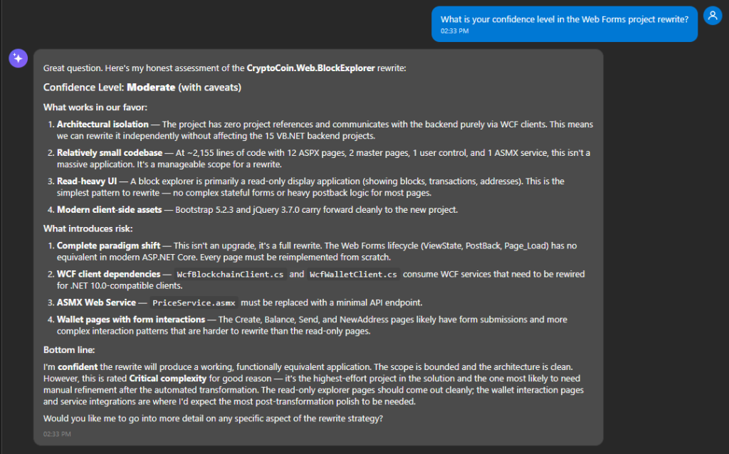Chat discussion about agent confidence in the Web Forms project transformation.