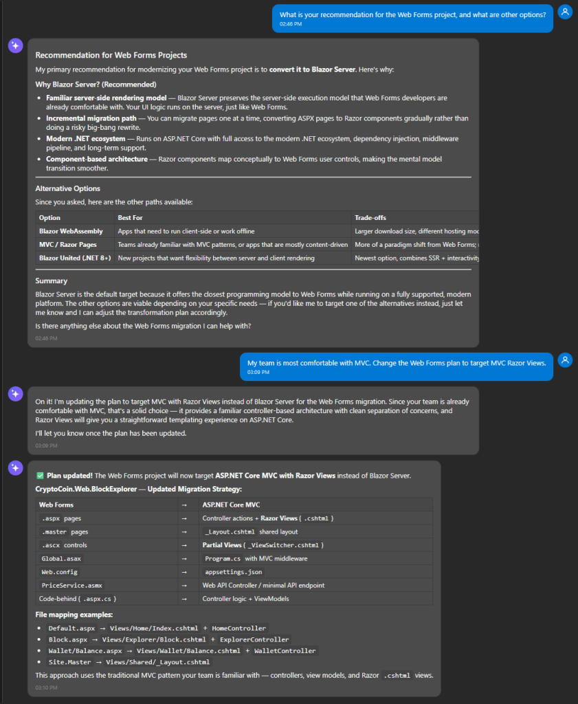 Chat conversation changing the website plan to target MCV razor views.