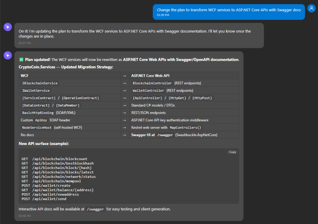 Chat conversation changing the WCF services plan to target APIs