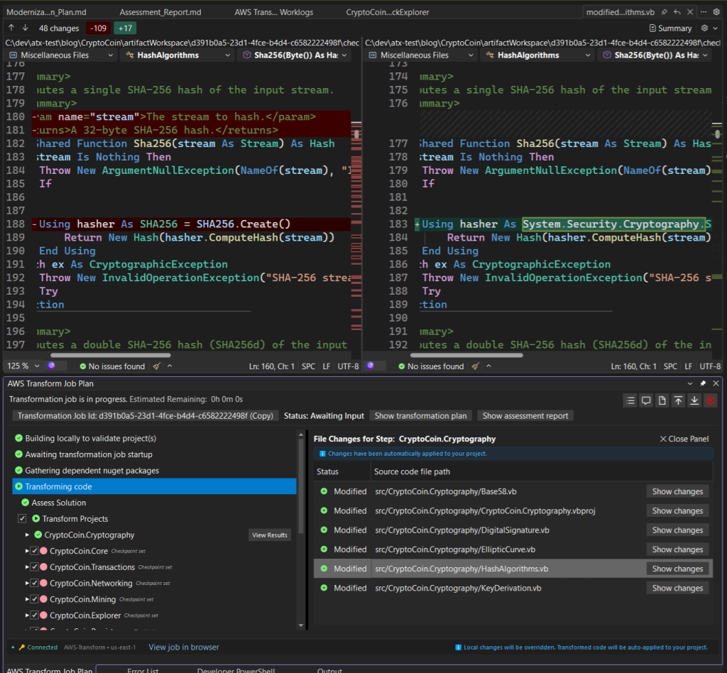 View results display of file changes and a code diffs view of file HashAlgorithms.vb in a code diffs view 