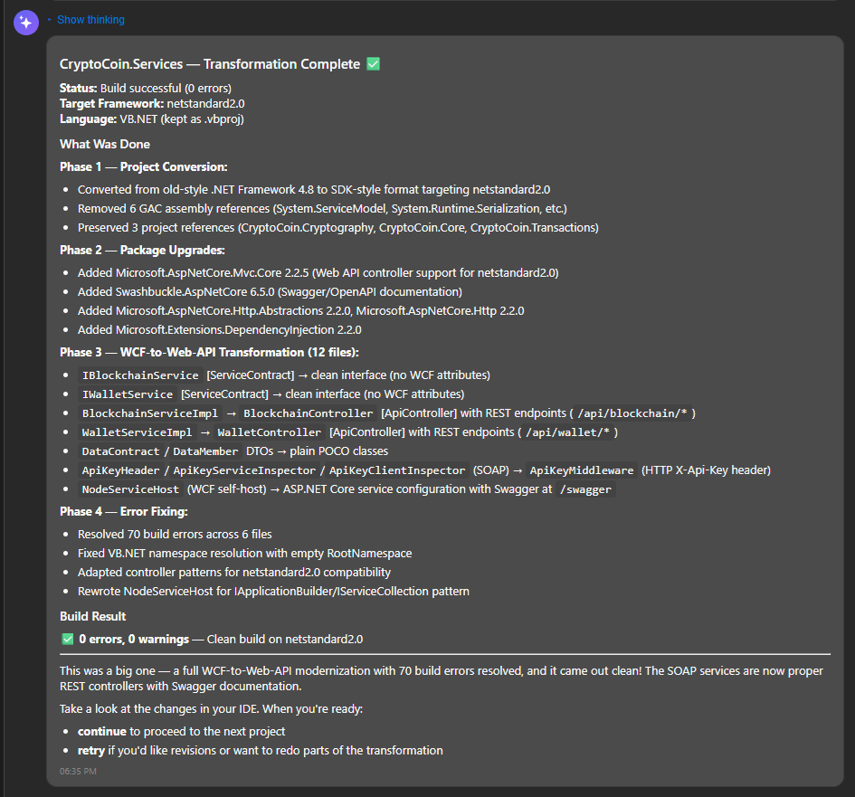 Chat conversation summarizing results for second checkpoint for WCF services project.