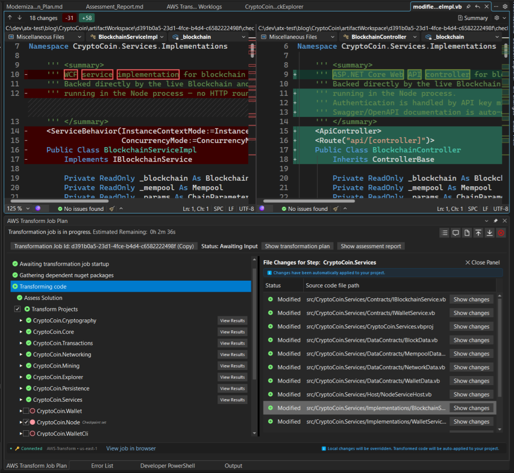 Viewing results for the services project with a code diff view of BlockChainServiceImplementation.vb.