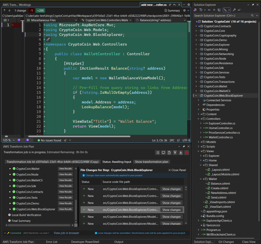 View results for third checkpoint with code diffs view of WalletController.vb.