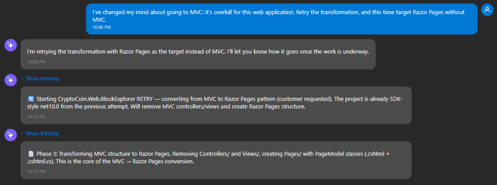 Chat conversation directing a retry of web project to target Razor Pages without MVC.