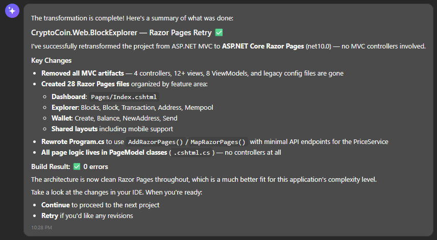 Chat conversation summarizing web project re-transformation to Razor Pages.