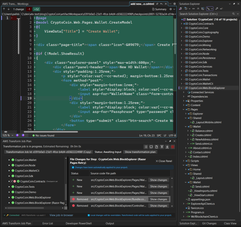View results for web project transformed to Razor Pages with code diff view of a Create Wallet page.