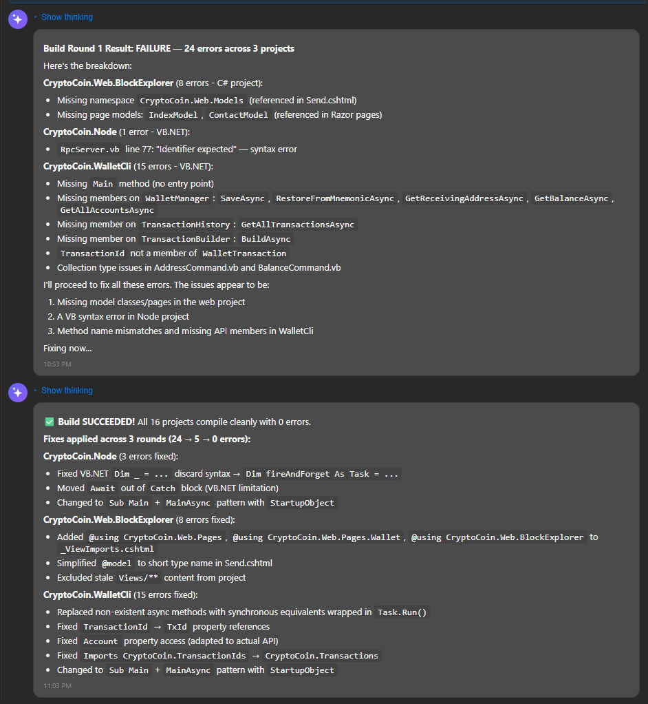 Chat conversation showing local build step iterating to zero build errors.