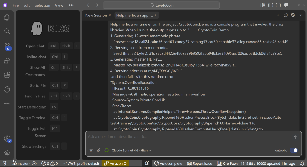 Kiro chat prompt describing the runtime error and requesting a fix for the Demo project