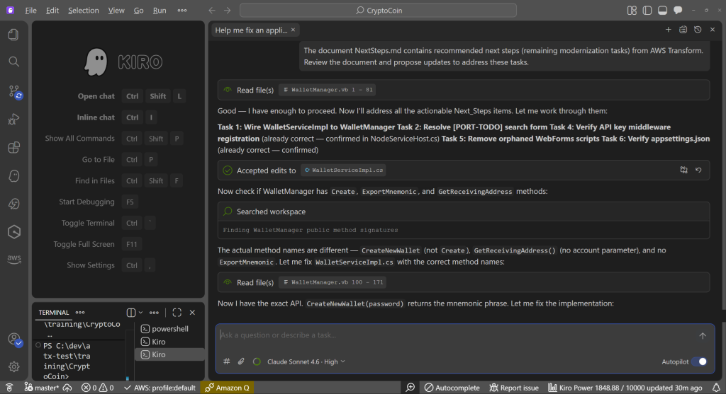 Kiro chat showing prompt to review and address Next Steps modernization tasks