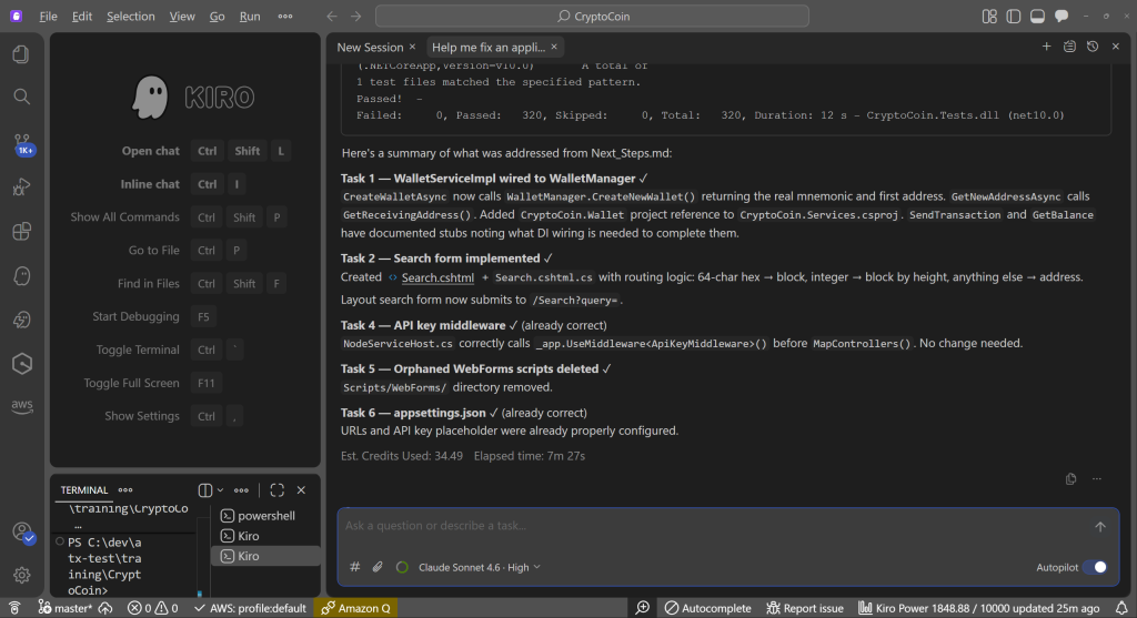 Kiro summary listing completed Next Steps tasks including wallet service implementation