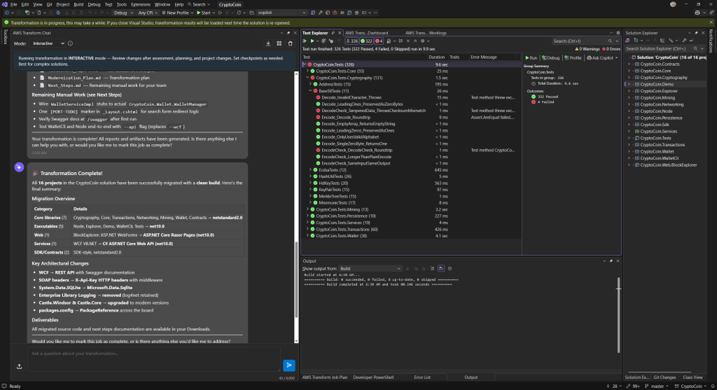 Visual Studio Test Explorer showing 322 passed and 4 failed after transformation
