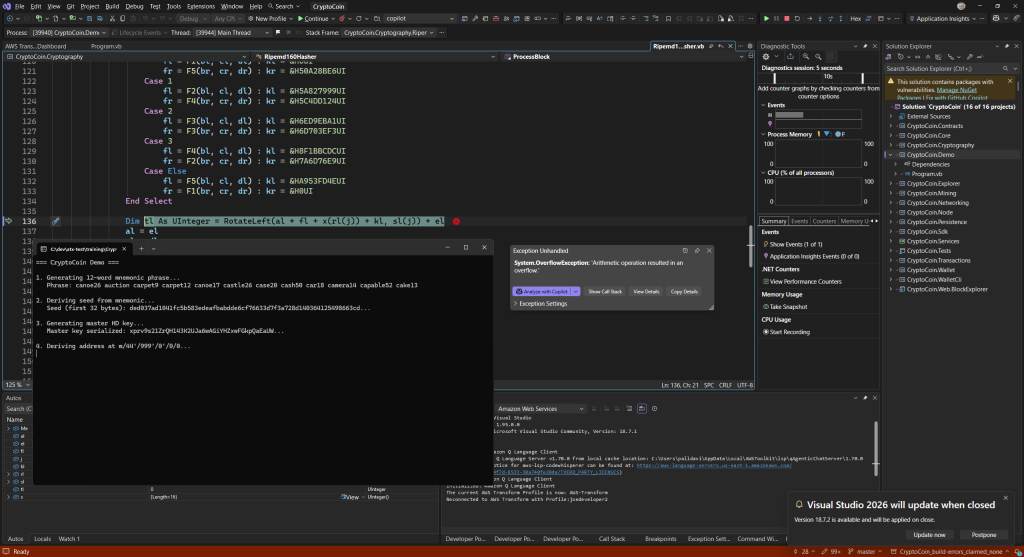 Console output of CryptoCoin Demo app and Visual Studio showing System.OverflowException runtime error