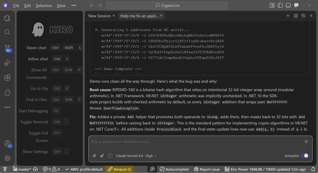 Kiro analysis explaining .NET Framework overflow behavior difference and the applied code fix