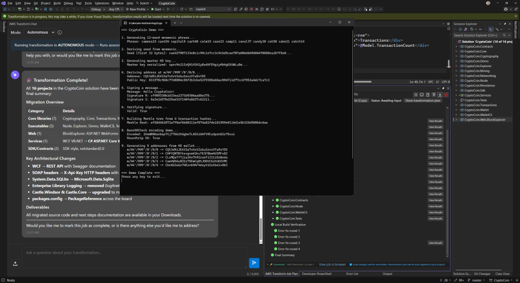 Console output of CryptoCoin Demo app running successfully to completion without errors