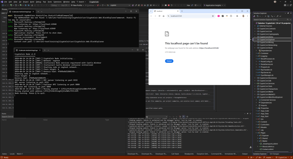 Split view showing CryptoCoin.Node running in console and website returning 404 error