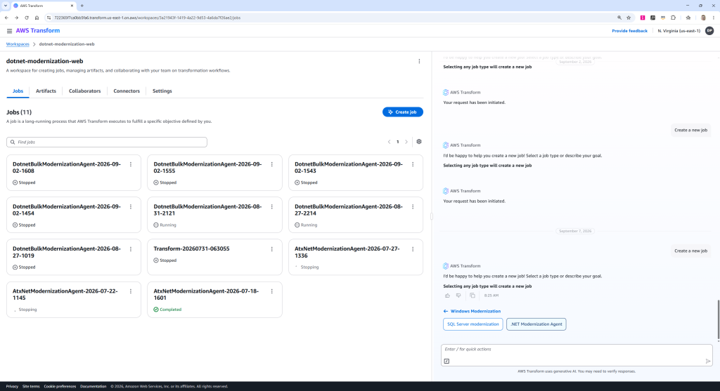 Screenshot of AWS Transform web console, signed in to a workspace and starting a .NET modernization job