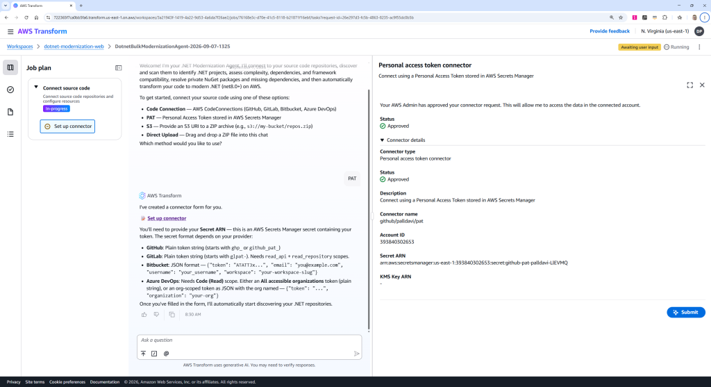 Console screenshot showing Connect to source code step