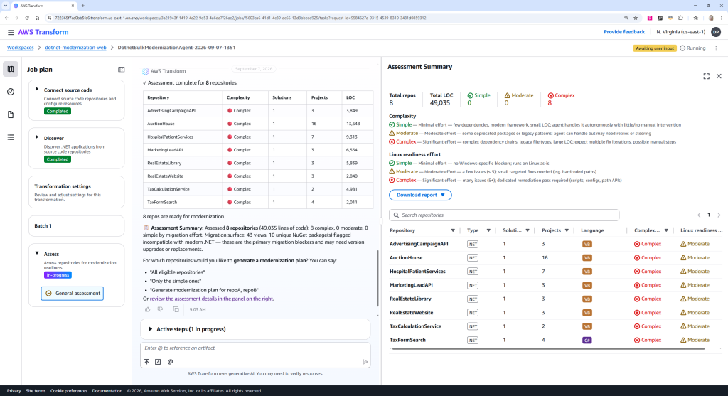Console screenshot of assessment step, showing assessment summary