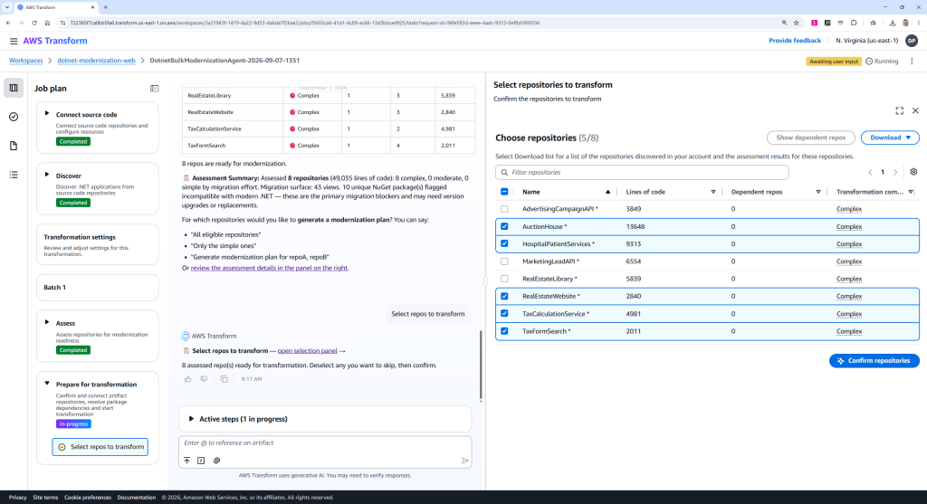 Console screenshot of Prepare for transformation step, showing repo selection for transformation