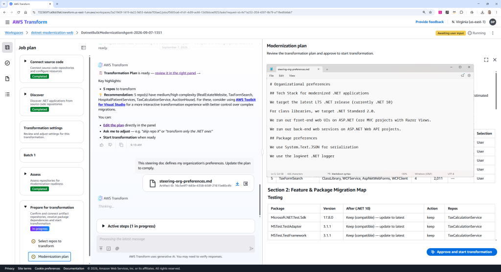 Console screenshot of Prepare for transformation step, showing upload of steering document