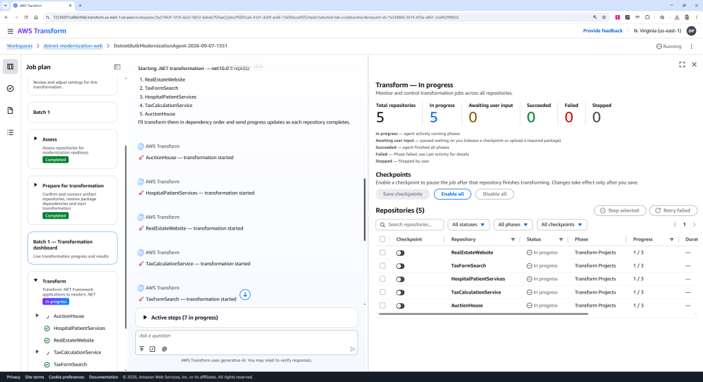 Console screenshot of Transform step. showing dashboard with repository status and checkpoint toggles