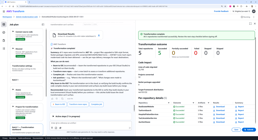 Console screenshot of Transform step, showing all repos completed in dashboard