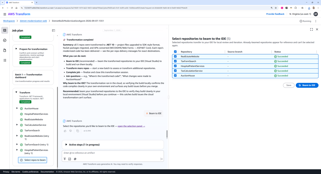 Console screenshot showing Beam to IDE feature with repository selection