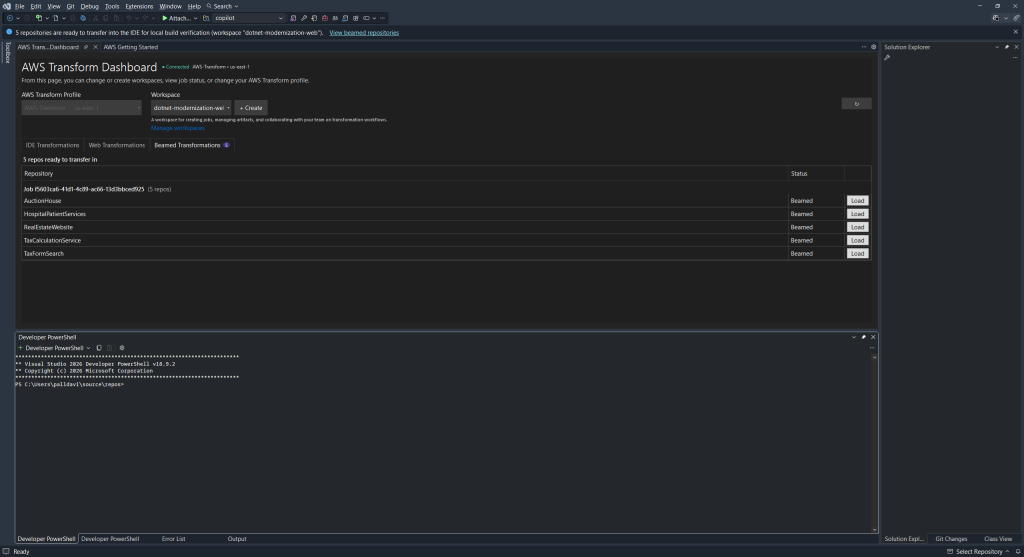 Visual Studio IDE screenshot of AWS Transform Dashboard, showing beamed repositories