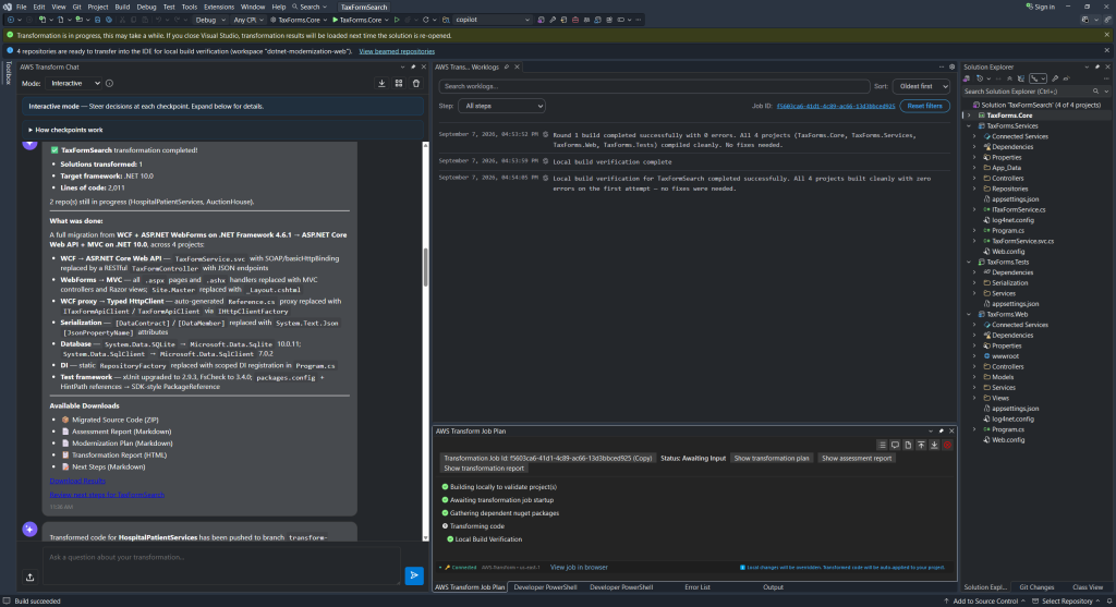 IDE screenshot showing transformed RealEstateWebsite solution loaded.