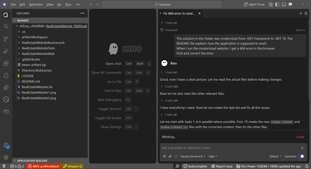 Screenshot of Kiro with a prompt directed it to resolve 404 error in browser.
