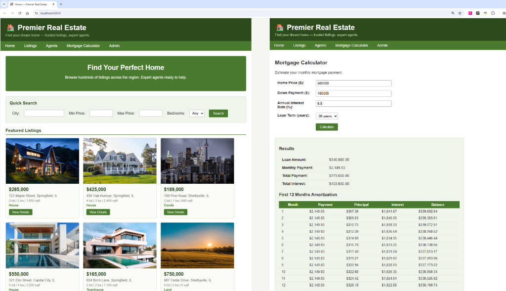 Screenshot of running RealEstateWebsite solution with proper UI and functionality.